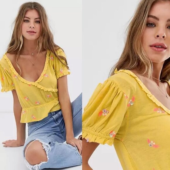 Nwt Free People Full Bloom Ruffle Top Yellow‎ Linen Size Medium New With Tags M - Picture 4 of 9